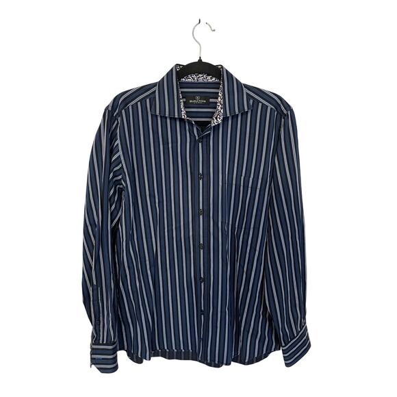 Bugatchi Uomo Mens Medium Long Sleeve Button Up All Cotton Blue White Stripe - Picture 1 of 12
